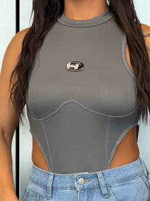 SAYEHFBABY Letter Patched Detail Mock Neck High Cut Tank Summer Bodysuit - Grey - View 6