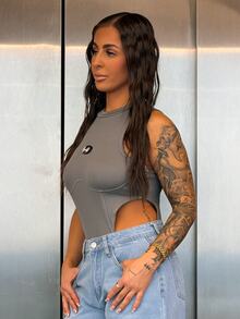 SAYEHFBABY Letter Patched Detail Mock Neck High Cut Tank Summer Bodysuit - Grey - View 4
