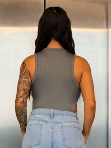 SAYEHFBABY Letter Patched Detail Mock Neck High Cut Tank Summer Bodysuit - Grey - View 2
