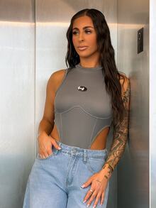 SAYEHFBABY Letter Patched Detail Mock Neck High Cut Tank Summer Bodysuit - Grey - View 1