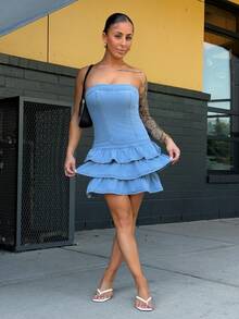 SAYEHFBABY Y2K Style Blue Stretchy Bandeau Bodycon Mini Denim Dress For Women - Blue - View 4