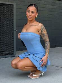 SAYEHFBABY Y2K Style Blue Stretchy Bandeau Bodycon Mini Denim Dress For Women - Blue - View 5