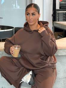 SAYEHFBABY Women's Autumn/Winter Thermal Lined Hoodie And Relaxed Fit Sweatpants Set Modest Two Piece Lounge Comfortable - Brown - View 1