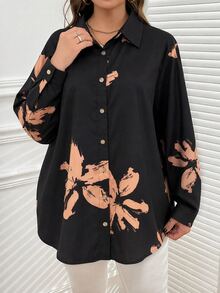 Reflora 秋冬長袖全開鈕扣黑色印花大尺碼女款襯衫 - 橘色 - 查看 3