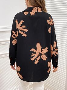 Reflora 秋冬長袖全開鈕扣黑色印花大尺碼女款襯衫 - 橘色 - 查看 2