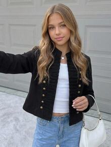 Girlism Tween Girls Jackets Autumn/Winter Kids New Black Elegant Fashion Button Metal Stand Collar Short Jacket Party Coat - Black - View 1