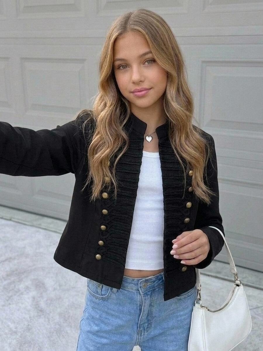 Girlism Tween Girls Jackets Autumn/Winter Kids New Black Elegant Fashion Button Metal Stand Collar Short Jacket Party Coat - Black - View 1