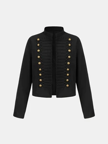 Girlism Tween Girls Jackets Autumn/Winter Kids New Black Elegant Fashion Button Metal Stand Collar Short Jacket Party Coat - Black - View 5