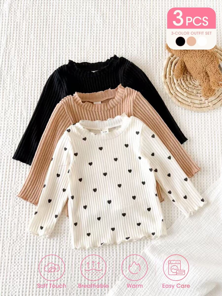 SHEIN Vintaside Kids 3件組幼兒女嬰羅紋上衣,可愛甜美白色、褐色、黑色愛心印花,荷葉邊荷葉飾邊長袖圓領,生日派對秋季芭蕾舒適款 - 彩色 - 查看 1