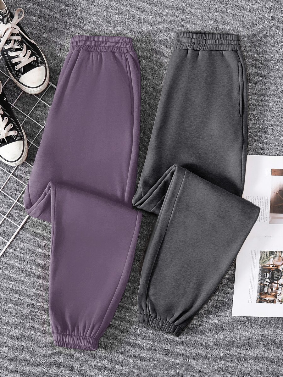 SHEIN Unity 2pcs Solid Elastic Waist Thermal Joggers - Multicolor - View 1