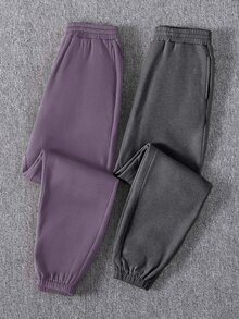 SHEIN Unity 2pcs Solid Elastic Waist Thermal Joggers - Multicolor - View 3