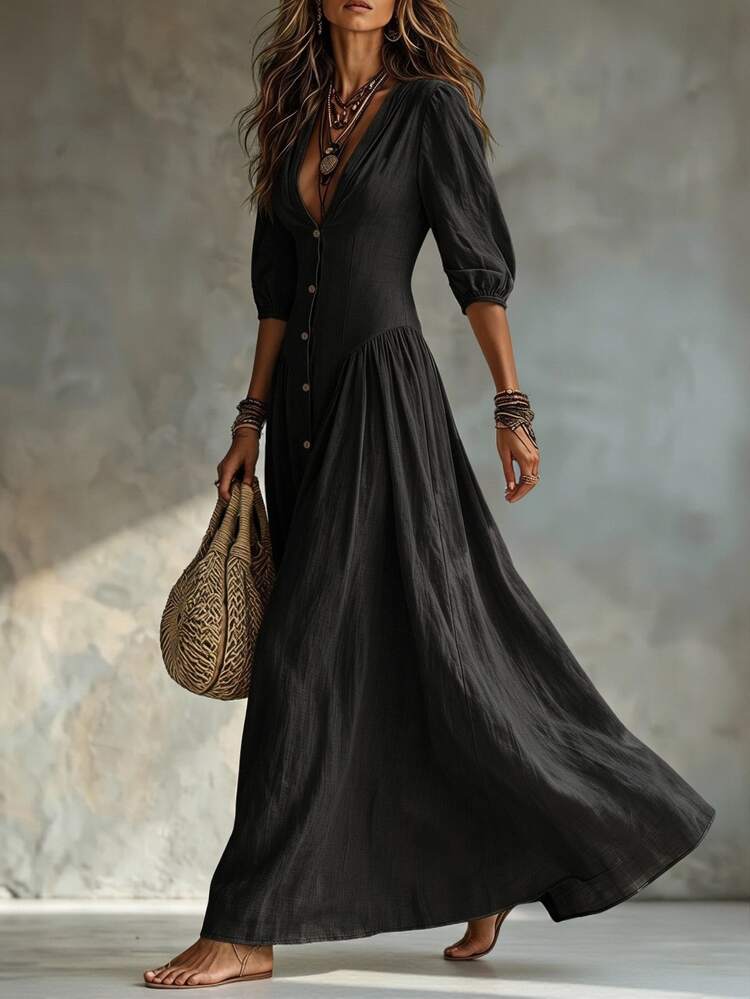 Glimmora Women's Fashion Solid Color Deep V-Neck Single-Breasted 3/4 Sleeve Long Dress - Black - View 4