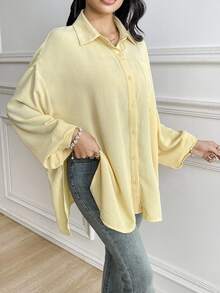 Rue Lumi Women Loose Asymmetrical Button Design Pale Yellow Casual Elegant Blouse - Yellow - View 4