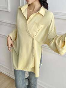 Rue Lumi Women Loose Asymmetrical Button Design Pale Yellow Casual Elegant Blouse - Yellow - View 8
