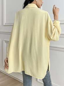 Rue Lumi Women Loose Asymmetrical Button Design Pale Yellow Casual Elegant Blouse - Yellow - View 2