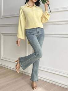 Rue Lumi Women Loose Asymmetrical Button Design Pale Yellow Casual Elegant Blouse - Yellow - View 6