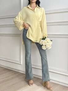 Rue Lumi Women Loose Asymmetrical Button Design Pale Yellow Casual Elegant Blouse - Yellow - View 3