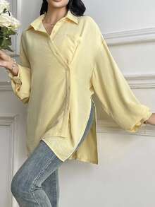Rue Lumi Women Loose Asymmetrical Button Design Pale Yellow Casual Elegant Blouse - Yellow - View 5