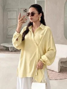 Rue Lumi Women Loose Asymmetrical Button Design Pale Yellow Casual Elegant Blouse - Yellow - View 1