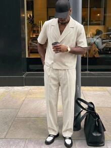 Mainfolk Men's Solid Color Overlapping Short Sleeve Shirt And Pants Casual Daily Suit - Apricot - View 3