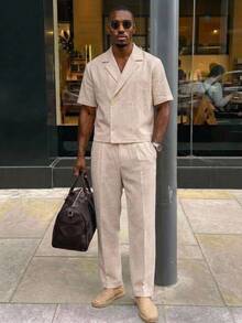 Mainfolk Men's Solid Color Overlapping Short Sleeve Shirt And Pants Casual Daily Suit - Apricot - View 11