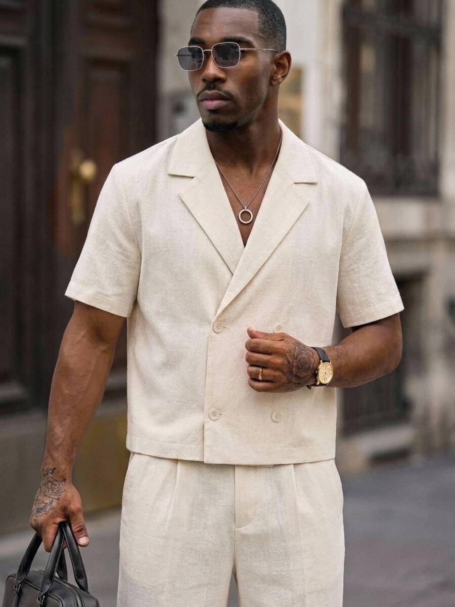 Mainfolk Men's Solid Color Overlapping Short Sleeve Shirt And Pants Casual Daily Suit - Apricot - View 1