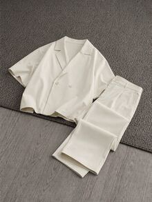Mainfolk Men's Solid Color Overlapping Short Sleeve Shirt And Pants Casual Daily Suit - Apricot - View 6