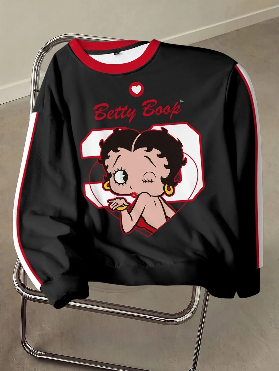 Betty Boop x SHEIN 女款拼色拼接卡通印花運動衫 - 白色 - 查看 1