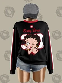 Betty Boop x SHEIN 女款拼色拼接卡通印花運動衫 - 白色 - 查看 3