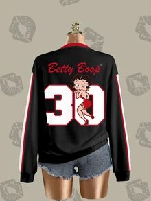 Betty Boop x SHEIN 女款拼色拼接卡通印花運動衫 - 白色 - 查看 4