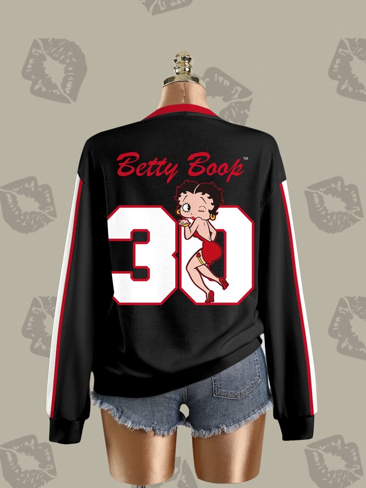 Betty Boop x SHEIN Women's Colorblock Patchwork Cartoon Print Sweatshirt - White - View 4