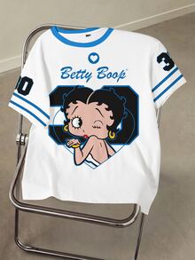 Betty Boop x SHEIN 女款可愛卡通印花拼色圓領短袖T恤 - 白色 - 查看 1