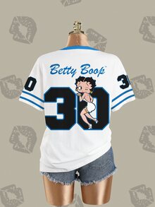 Betty Boop x SHEIN 女款可愛卡通印花拼色圓領短袖T恤 - 白色 - 查看 4