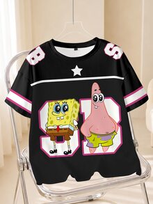SpongeBob SquarePants | SHEIN 女款夏季休閒卡通印花T恤 - 白色 - 查看 1