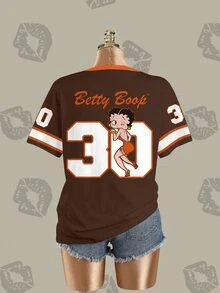 Betty Boop x SHEIN Women's Letter Cartoon Print Short Sleeve Casual Crew Neck T-Shirt - White - View 4