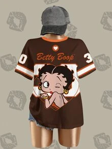 Betty Boop x SHEIN Women's Letter Cartoon Print Short Sleeve Casual Crew Neck T-Shirt - White - View 3