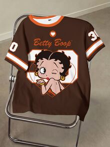 Betty Boop x SHEIN Women's Letter Cartoon Print Short Sleeve Casual Crew Neck T-Shirt - White - View 1