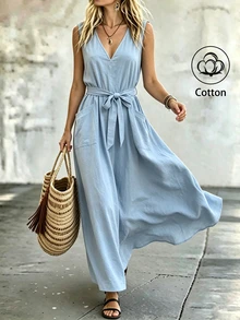 SHEIN Holidaya 女士休闲宽松V领纯棉无袖连衣裙，适合日常和度假穿着，春夏款 - 藍色 - 查看 1