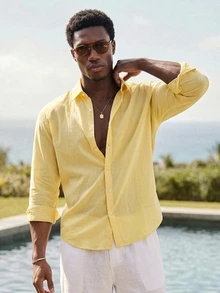 Vientiro Men Casual Yellow Long Sleeve Button Down Shirt For Summer Beach Style Lightweight Yellow Collared Button Up Shirt Perfect For Vacations - Light Yellow - View 2
