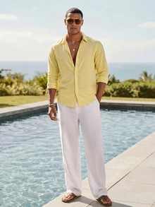 Vientiro Men Casual Yellow Long Sleeve Button Down Shirt For Summer Beach Style Lightweight Yellow Collared Button Up Shirt Perfect For Vacations - Light Yellow - View 6