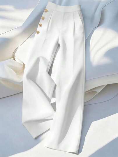 SHEIN Franclia Women's Elegant White Summer Classy Office Trousers,Semi Formal French-Style Woven Fabric Solid Casual Pants With Single Pocket & Button Design