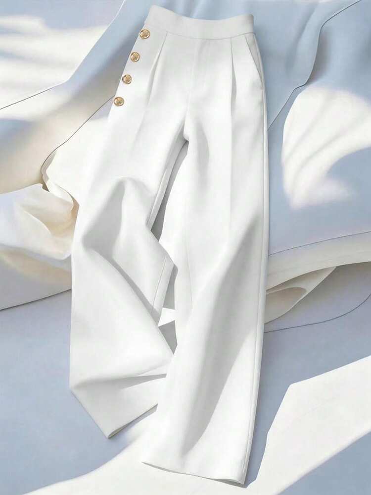 semi formal dress pants for women SHEIN Franclia Women's Elegant White Summer Classy Office Trousers,Semi French-Style Woven Fabric Solid Casual With Single Pocket & Button Design Detachable