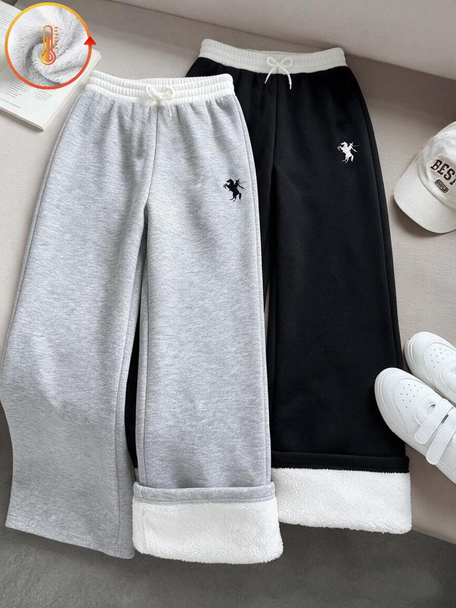 SHEIN ChillGRL 2件組青少年女孩抓絨內裡寬腿褲,彈性腰頭保暖加厚百搭長褲,適合兒童返校日常時尚穿著 - 彩色 - 查看 1