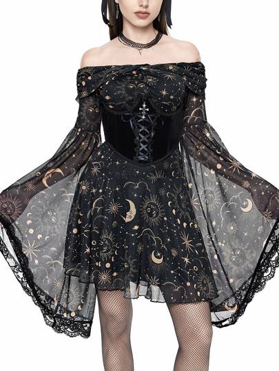 Gothic Retro Mysterious Star & Moon Allover Print Off Shoulder Bell Sleeve Mesh A-Line Dress