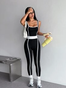 StreetHx Contrast Binding Sports Jumpsuit - Black - View 6