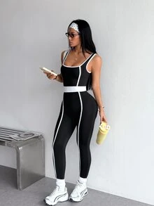 StreetHx Contrast Binding Sports Jumpsuit - Black - View 4