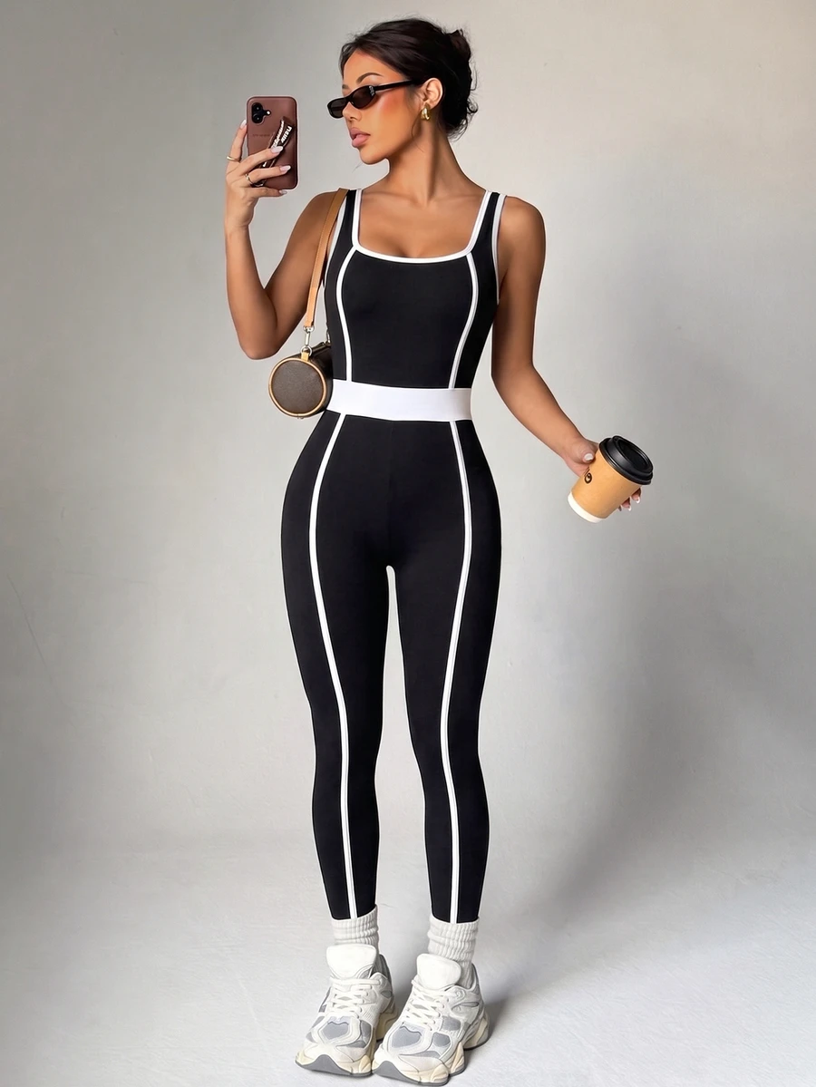 StreetHx Contrast Binding Sports Jumpsuit - Black - View 1