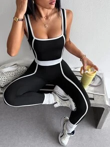 StreetHx Contrast Binding Sports Jumpsuit - Black - View 5