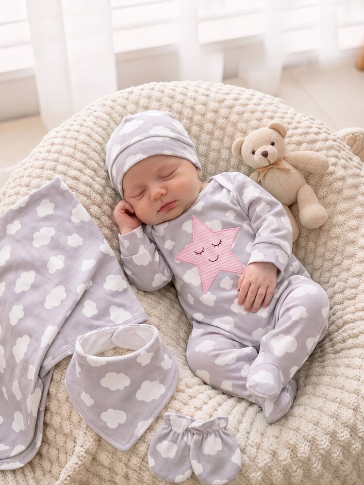 SHEIN Newborn Home Jumpsuit Cloud Star Moon Stripe Cartoon Print Spring Autumn Long Sleeve Footed Pattern Pajamas Snap Button Baby Pink Cute Unisex - Multicolor - View 5