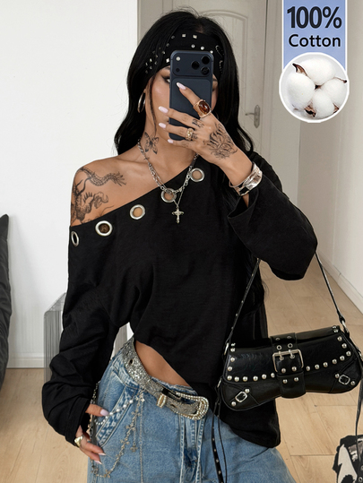 Coolane Women's Fall/Winter Streetwear Casual Going Out Y2K Sexy Goth Punk Grommet Eyelet Comfortable 100%Cotton Black Asymmetrical Neck Long Sleeve T-Shirt